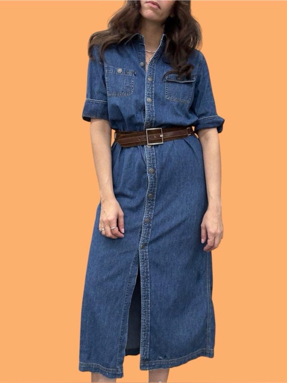 Vintage 90's Ralph Lauren Denim Button Midi Dress Short Sleeve Blue Size M